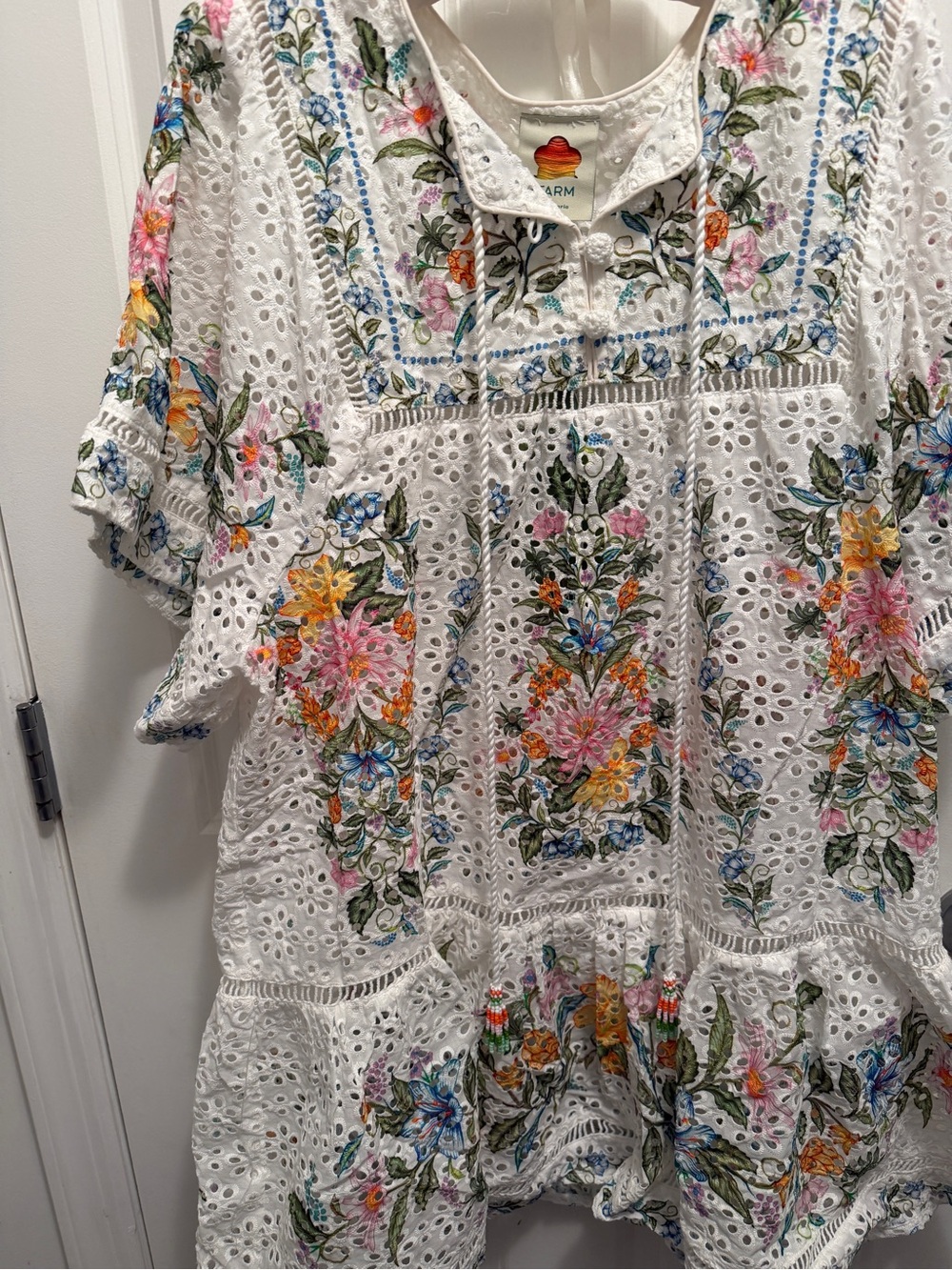 FARM Rio White Eyelet Dress with Multicolor Floral Embroidery